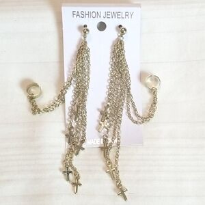 Gold Chain Cross Rhinestone Earrings